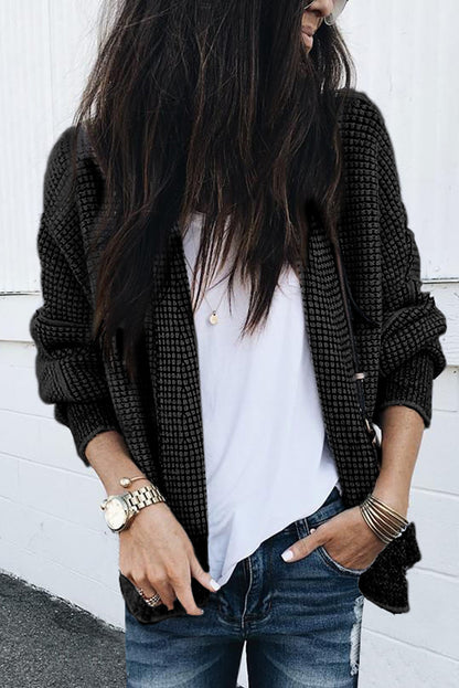 Grey Plaid Contrast Trim Open Front Cardigan