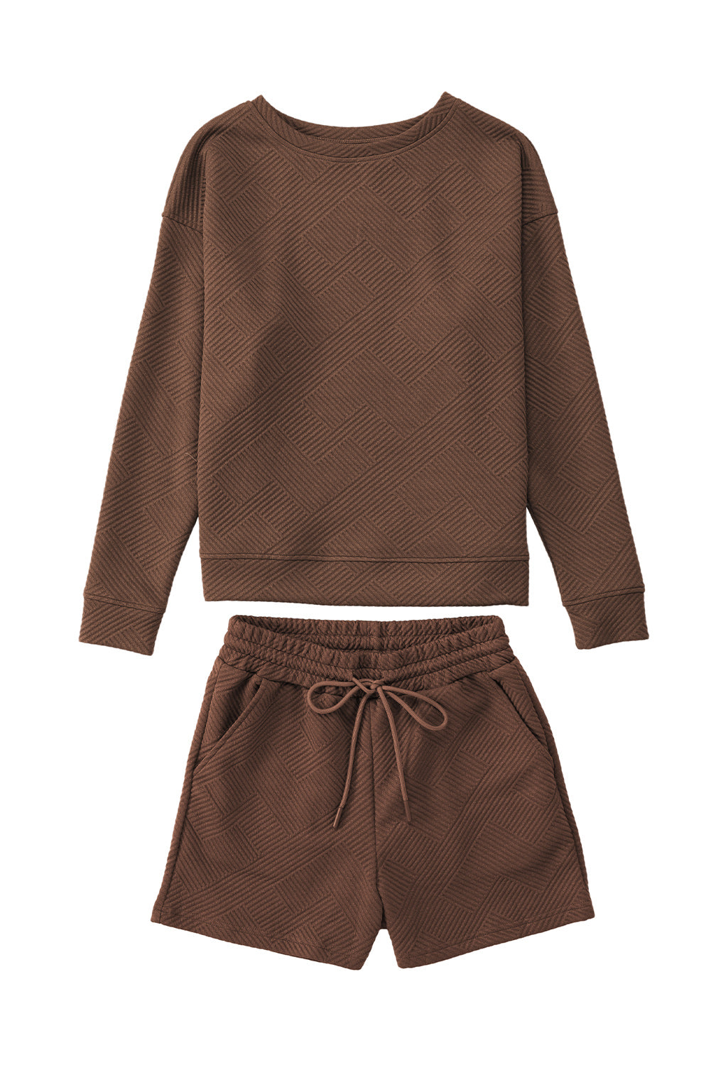 Green Textured Long Sleeve Top and Drawstring Shorts Set