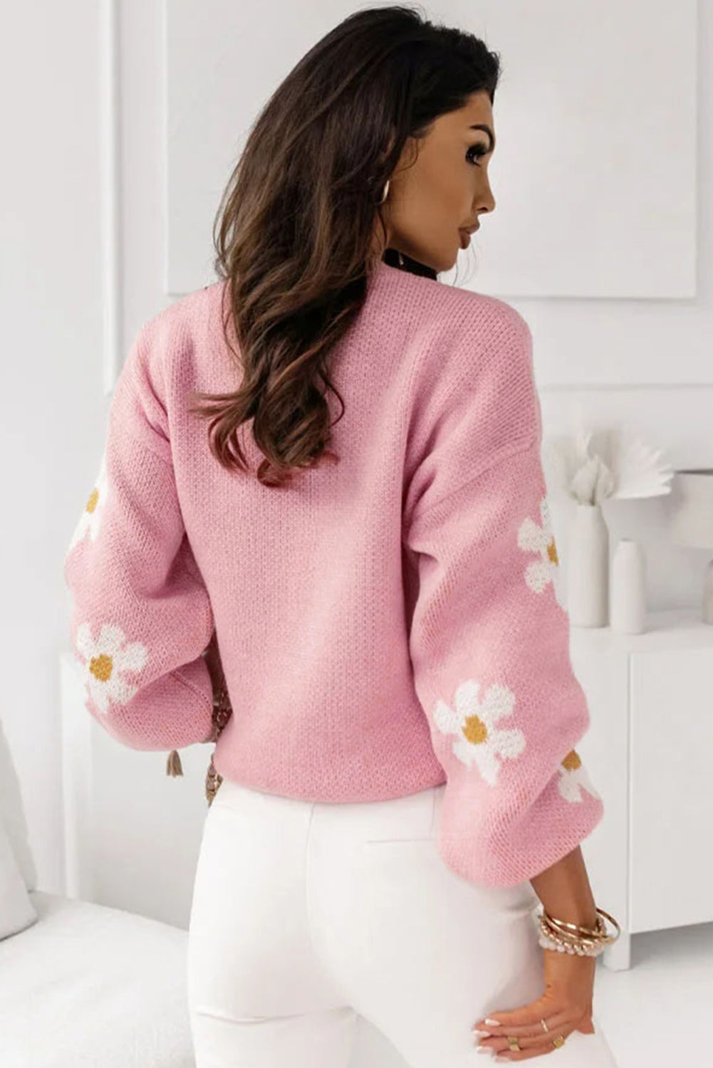 Pull rose à épaules tombantes et motif floral