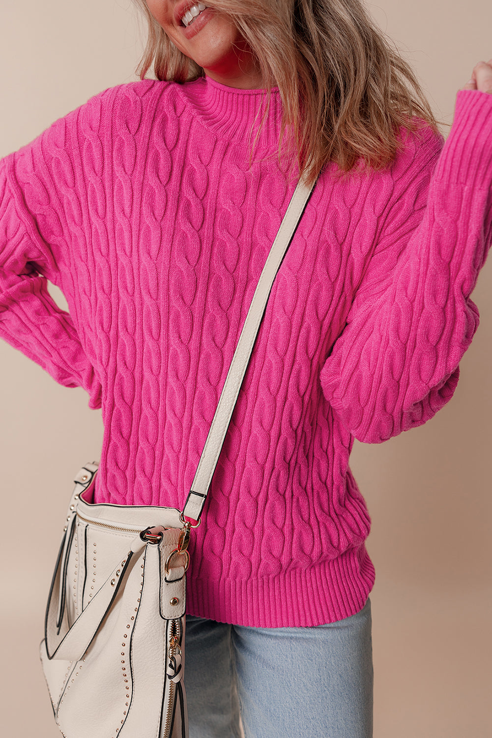 Rose Red Solid Cable Knit High Neck Drop Shoulder Sweater