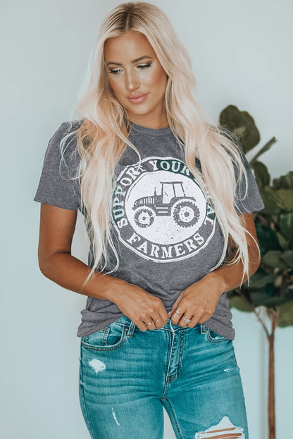 Camiseta estampada cinza APOIE SEUS AGRICULTORES LOCAIS