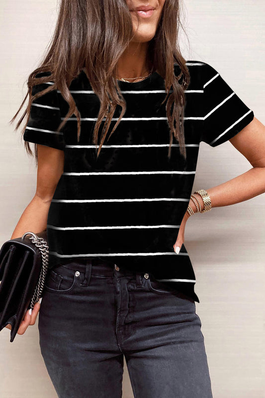 Black Round Neck Striped Print T-shirt