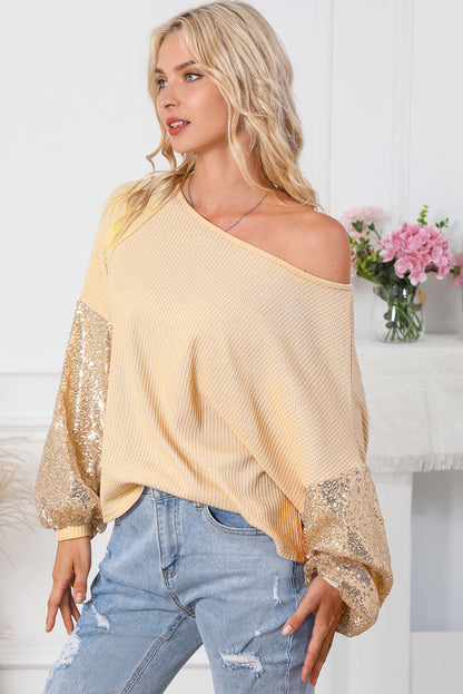 Black Sequin Patchwork Sleeve Open Back Waffle Knit Top