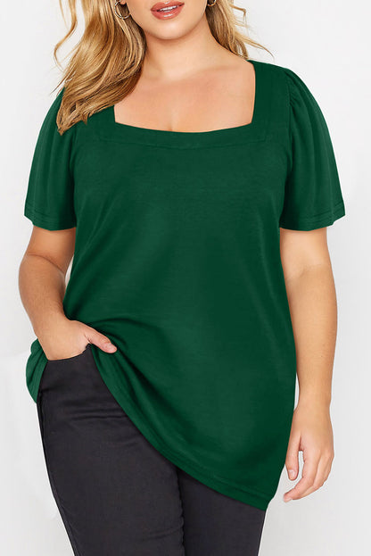 Black Plus Size Square Neck Ruched Shoulder Short Sleeve Top