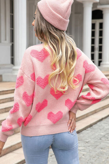 Pull en maille jacquard coeur Saint-Valentin rose clair