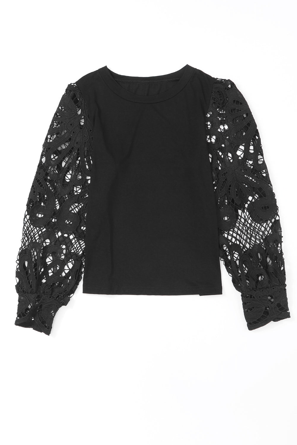 Black Crochet Sleeve Crew Neck Blouse