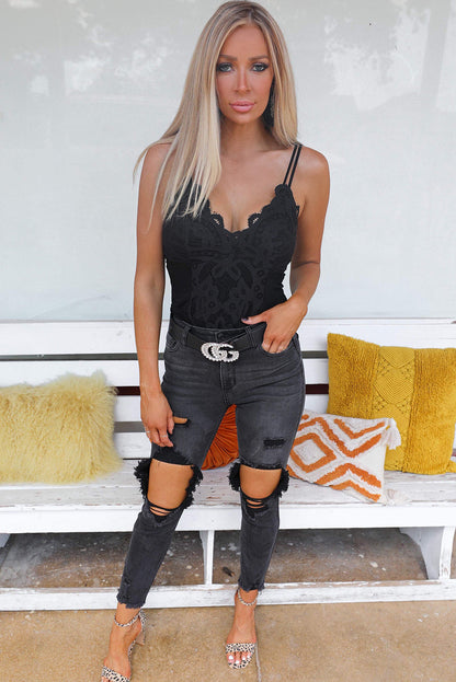 Black Scallop Lace Sleeveless Bodysuit