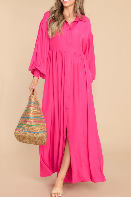 Vestido Maxi Camisa Manga Bolha Rosa