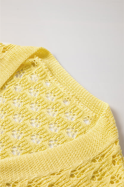 Yellow Pointelle Knit V Neck Sweater Cardigan