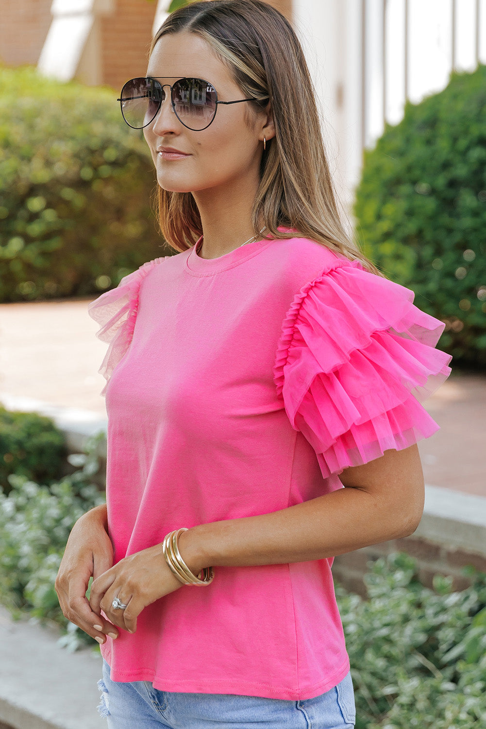 Black Tulle Ruffle Sleeve Blouse