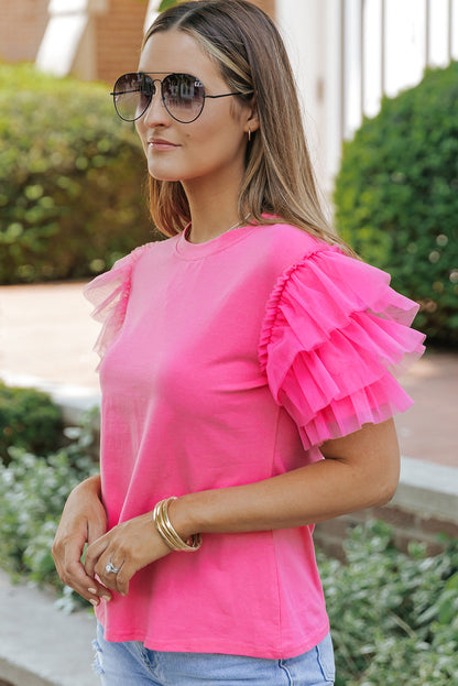 Black Tulle Ruffle Sleeve Blouse