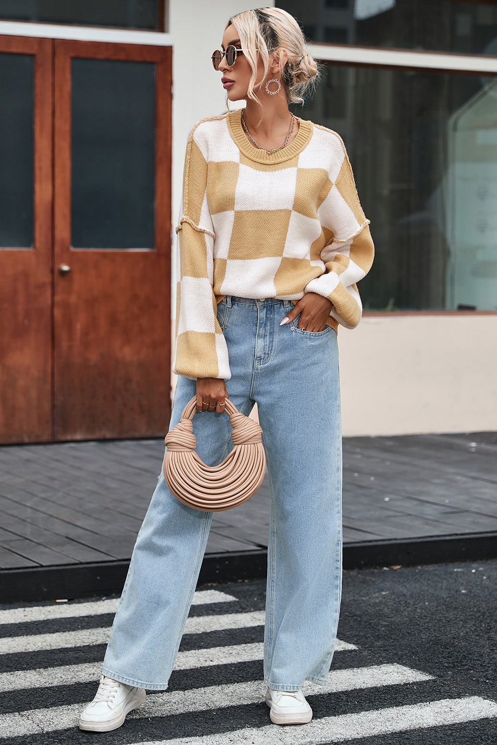 Orange Checkered Bishop Sleeve Sweater