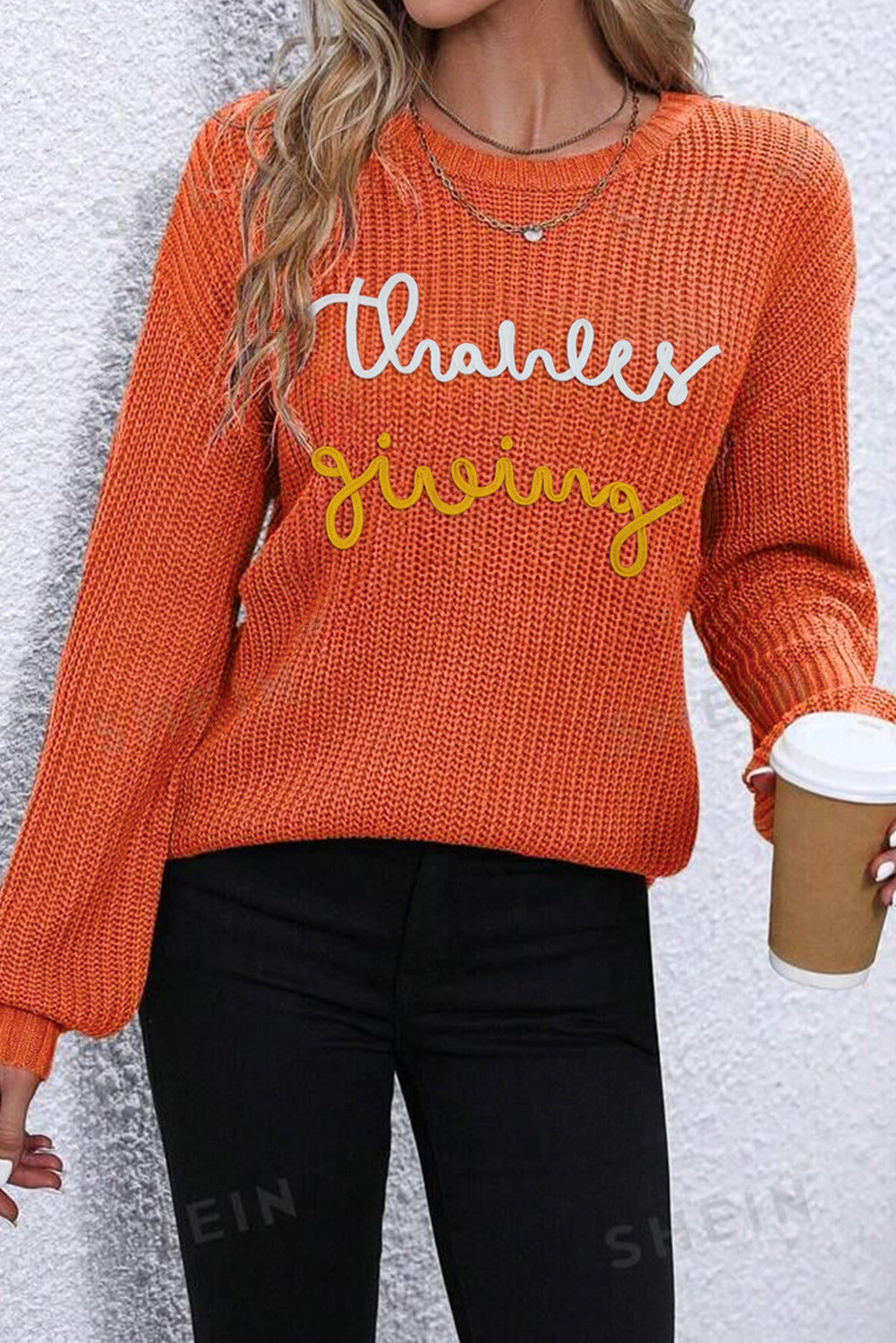 Gold Flame Thanks Giving Letter Graphic Crew Neck Sweater