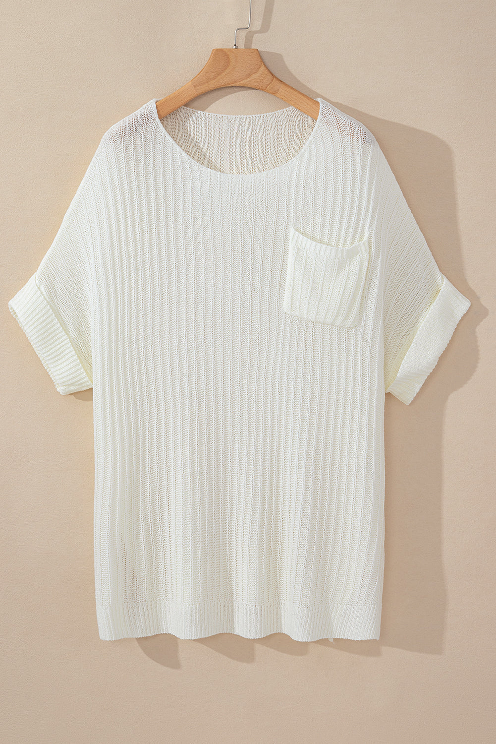 White Rolled Cuffs Loose Knit Tee with Slits