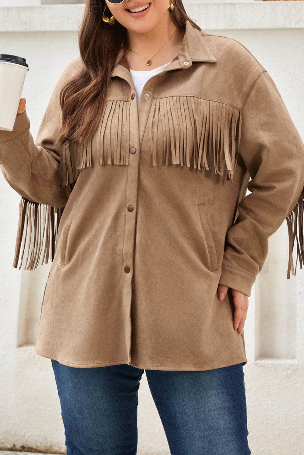 Khaki Fringe Trim Plus Size Suede Shacket