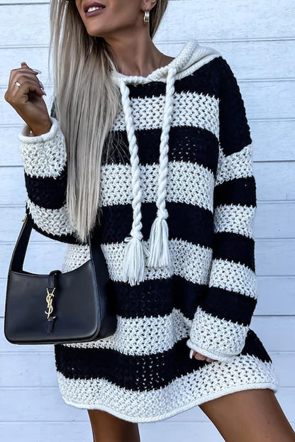 Black Striped Braided Tassel Hooded Sweater Dress