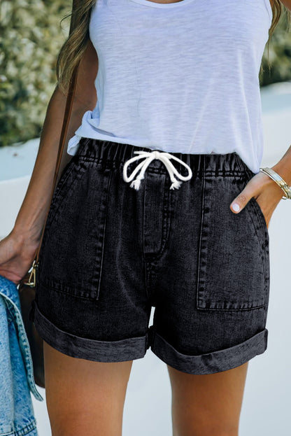 Short en jean taille haute gris avec poches et cordon de serrage