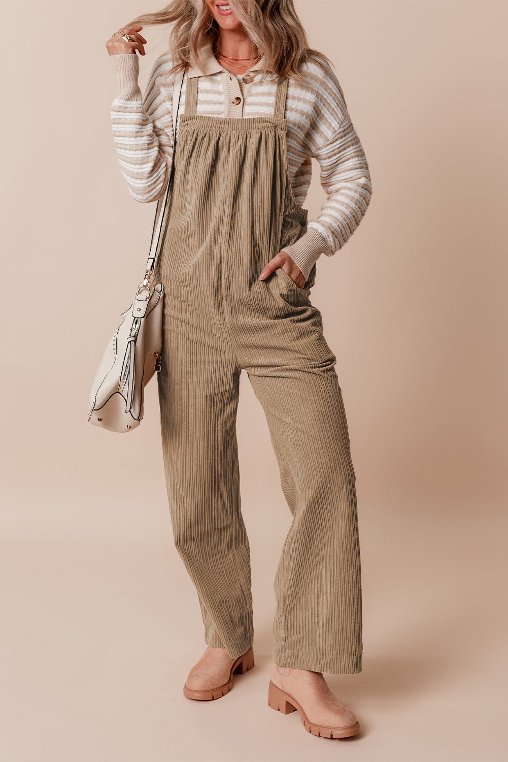 Real Teal Solid Pocketed Loose Fit Corduroy Overall