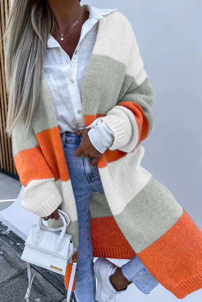 Cardigan mi-long rayé orange à épaules tombantes et blocs de couleurs