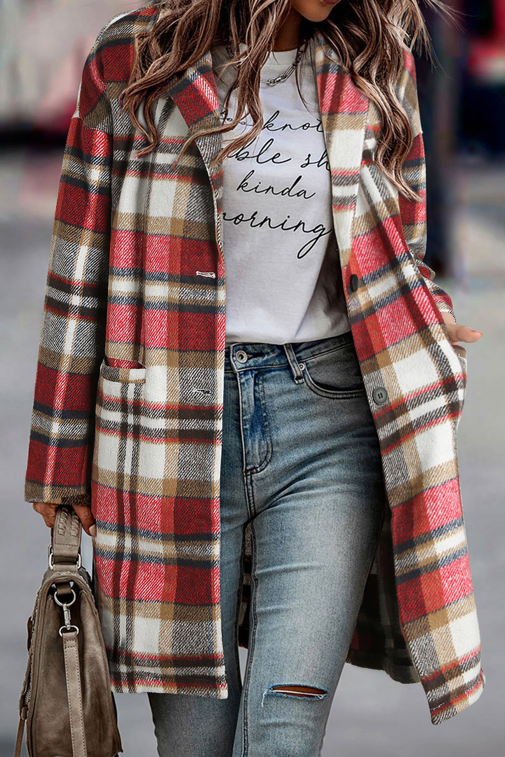 Veste boutonnée à revers à carreaux rouge vif