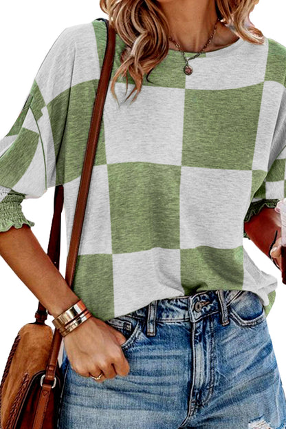 Blouse vert herbe mélangée à carreaux et poignets froncés