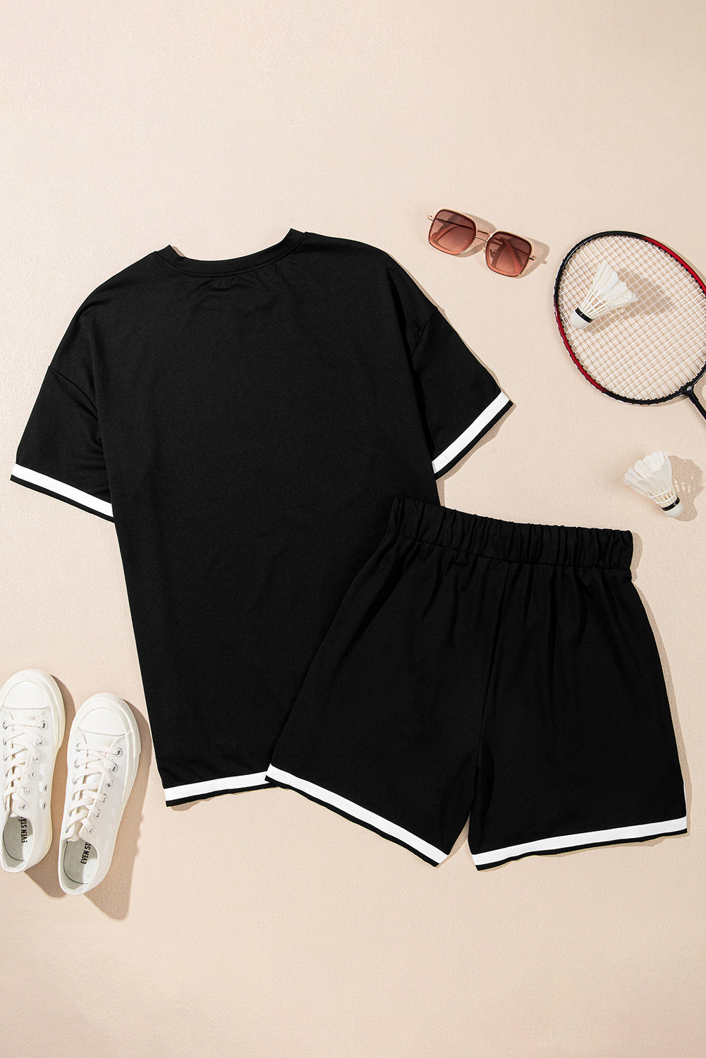 Black Contrast Trim Tee and Shorts Set