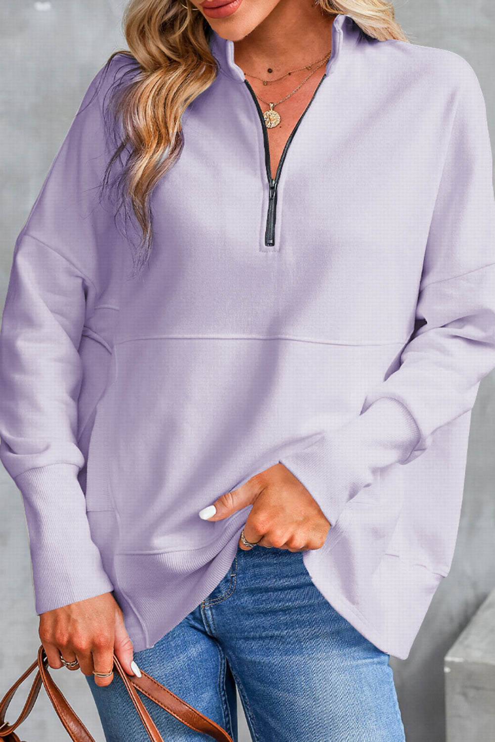 Purple Oversized Quarter-Zip Pullover Sweatshirt