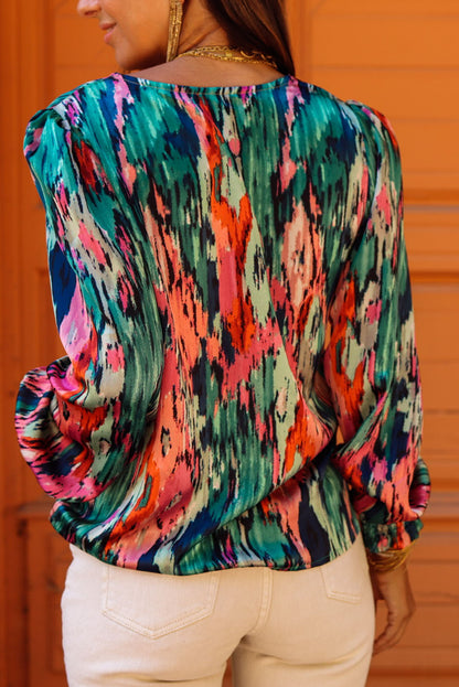 Green V Neck Abstract Print Long Sleeve Shirt