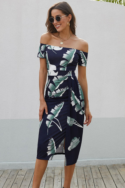 Pink Pattern Print Off Shoulder Slit Bodycon Midi Dress