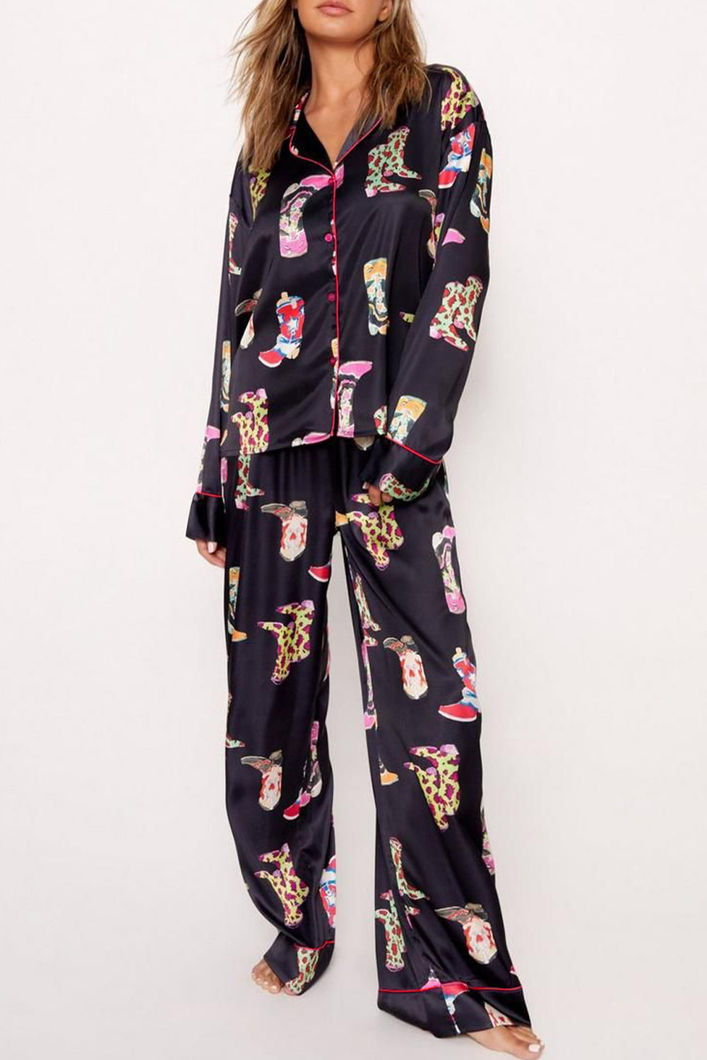 Black Western Cowgirl Boots Printed Satin Long Pajama Set