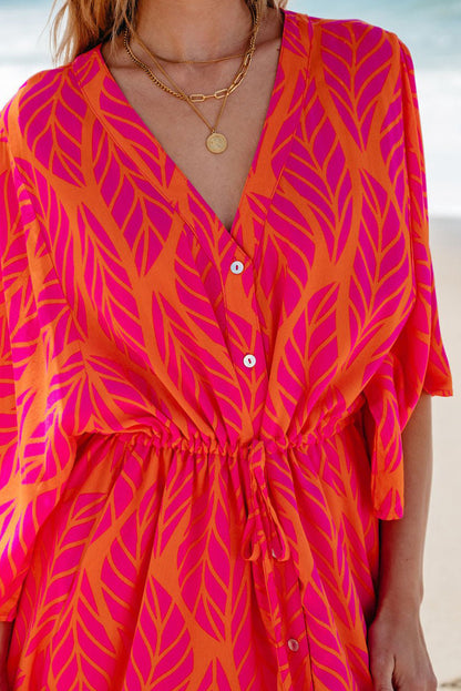 Orange Leafy Print 3/4 Sleeve V Neck Buttoned Split Maxi Dress