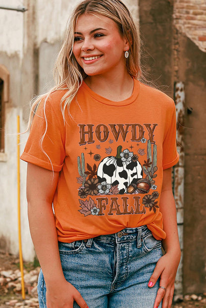 Orange HOWDY FALL Western Pumpkin Graphic T Shirt