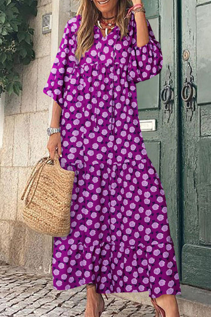 Vestido Maxi Roxo Boho Estampado Manga Puff