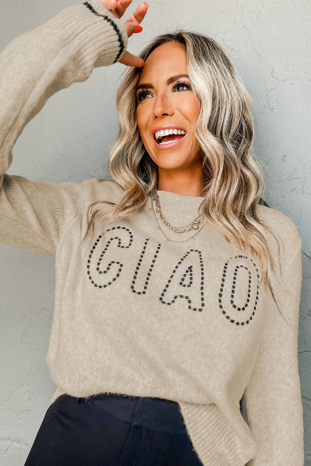 Oatmeal CIAO Letter Graphic Crew Neck Sweater