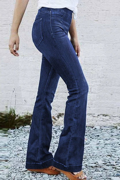 Jeans flare com cintura elástica azul de cintura alta