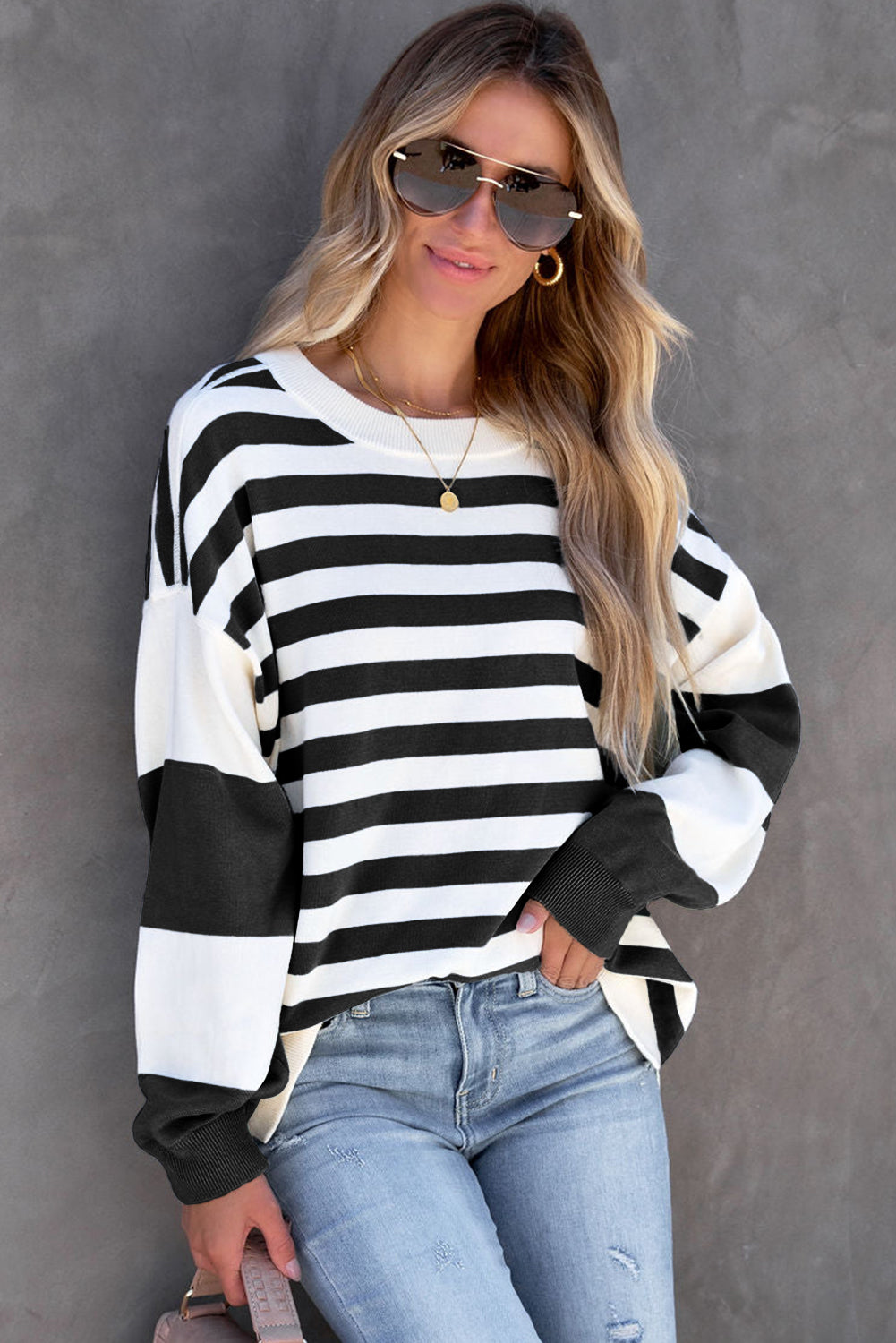 Black Stripe Drop Shoulder Striped Pullover Sweatshirt