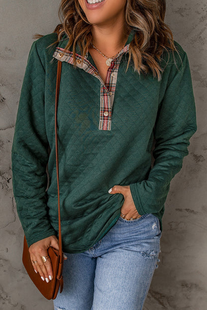 Green Geometric Texture Plaid Trim Sweatshirt