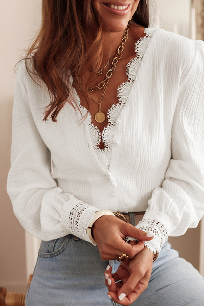 White Lace Crochet Trim Deep V Neck Textured Blouse