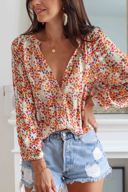 Camisa multicolorida com estampa floral Boho frontal com botão