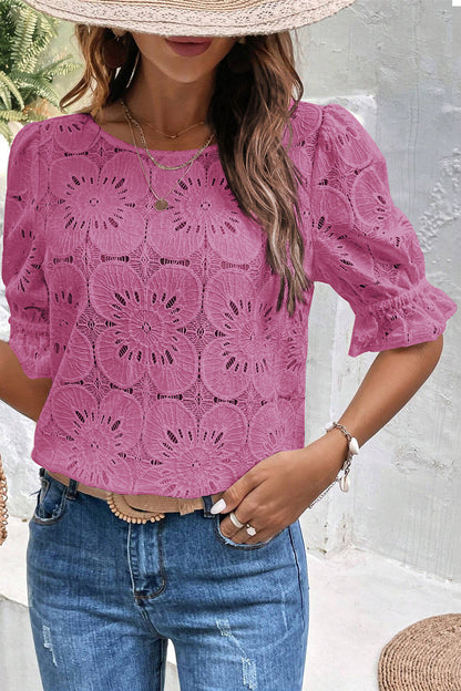 Top de manga com babado em jacquard com ilhó de flor rosa brilhante