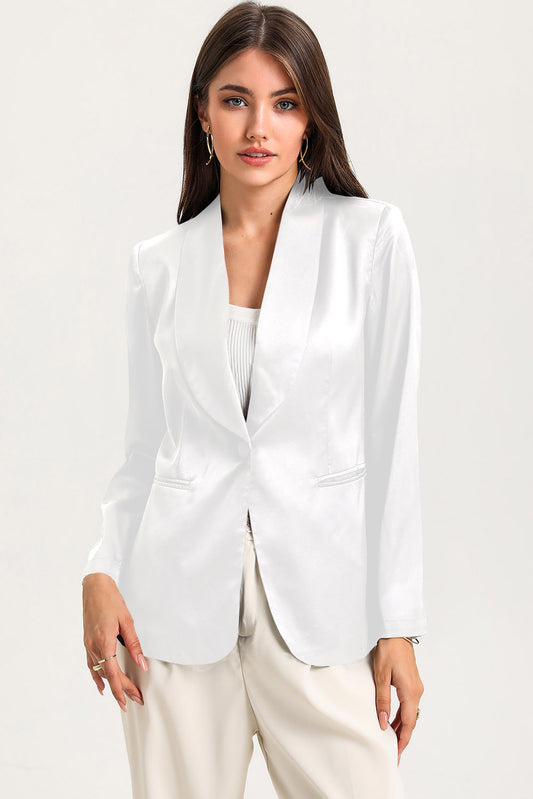 Blazer de colarinho branco com peito único e bolsos