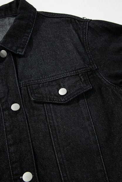 Black Raw Edge Ruffled Short Sleeve Denim Jacket