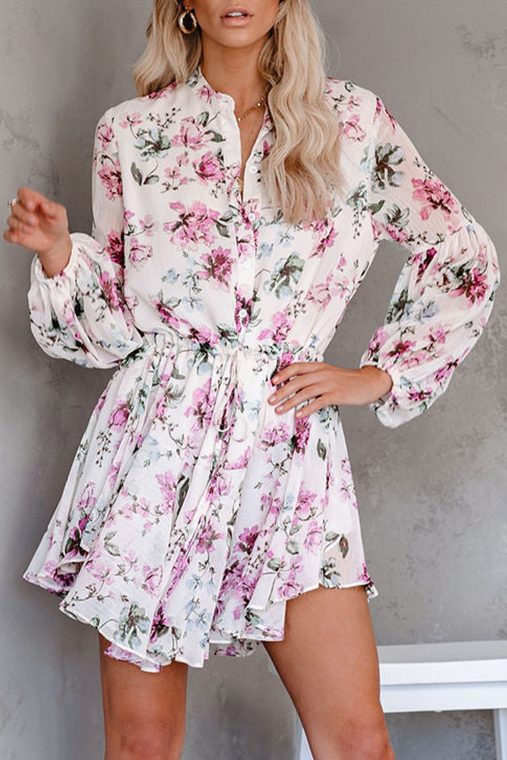 Vintage Floral Print Drawstring Flowy Dress