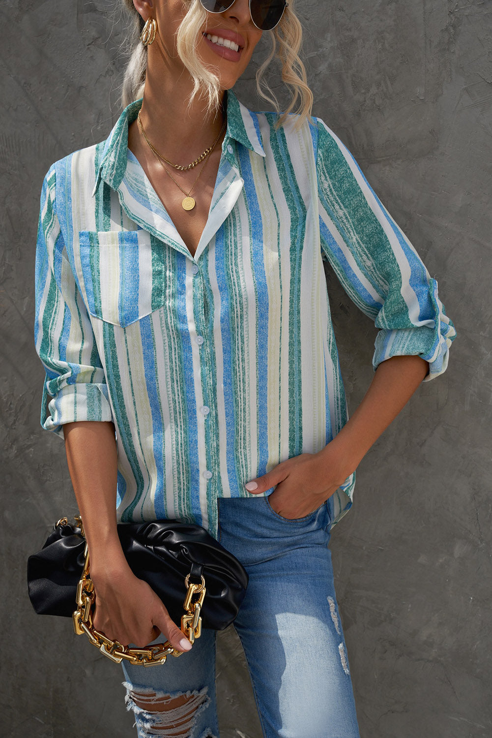 Sky Blue Sweet Enough Striped Button Up Top