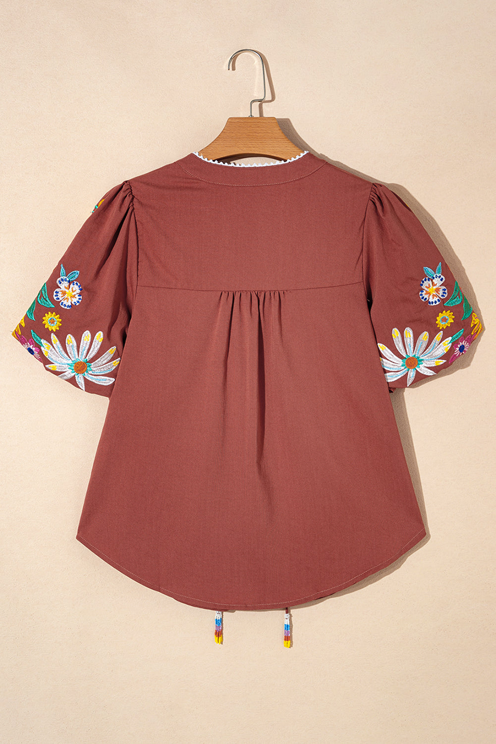 Pink Floral Embroidered Puff Sleeve Split Neck Blouse