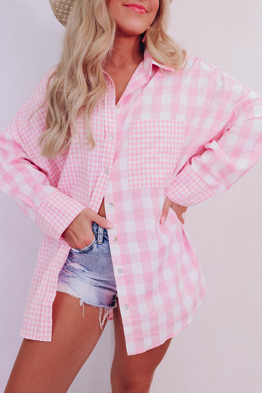 Sky Blue Mix Checked Patchwork Long Sleeve Shirt