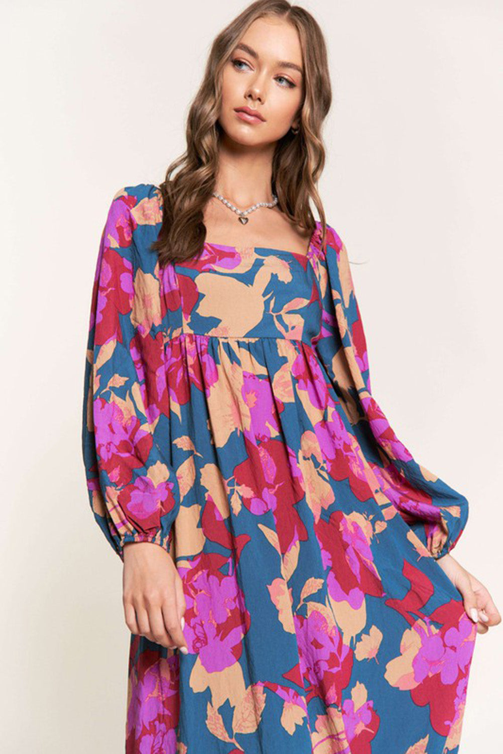 Robe taille haute à volants et col carré imprimé floral multicolore