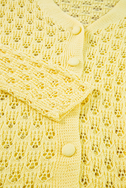 Yellow Pointelle Knit V Neck Sweater Cardigan