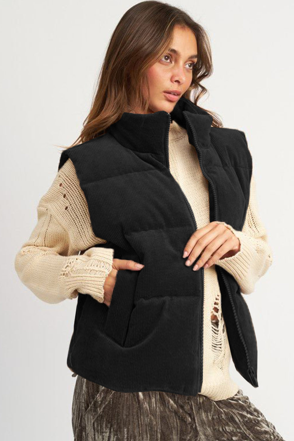 Black Corduroy Stand Neck Zipped Puffer Vest