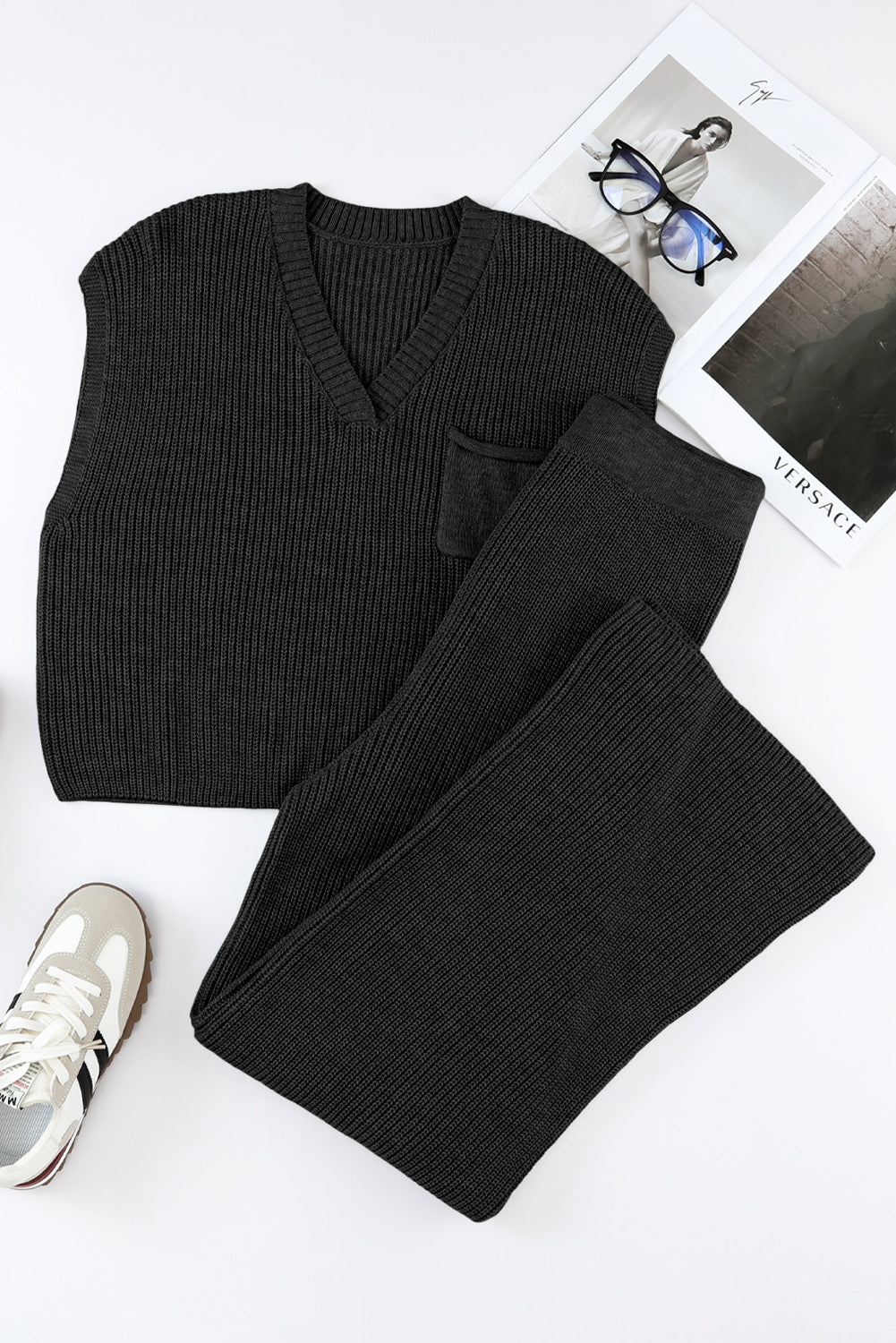 Gray Knitted V Neck Sweater and Casual Pants Set